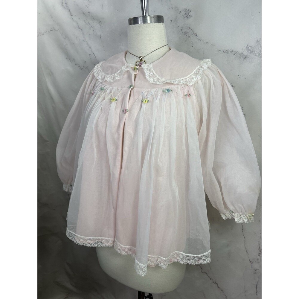 Vintage 60s Dainty Chiffon Bed Jacket Flower Pink pastel Cottage Soft Girl MCM M - Picture 7 of 16